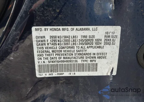 2017 Honda Pilot Touring from USA, damaged, VIN 5FNYF6H99HB093136